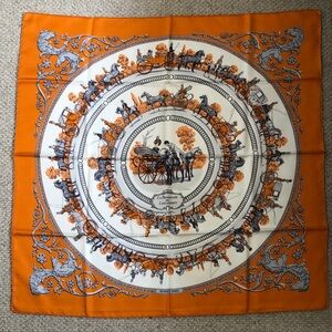 Hermès Paris Orange and White Silk Scarf